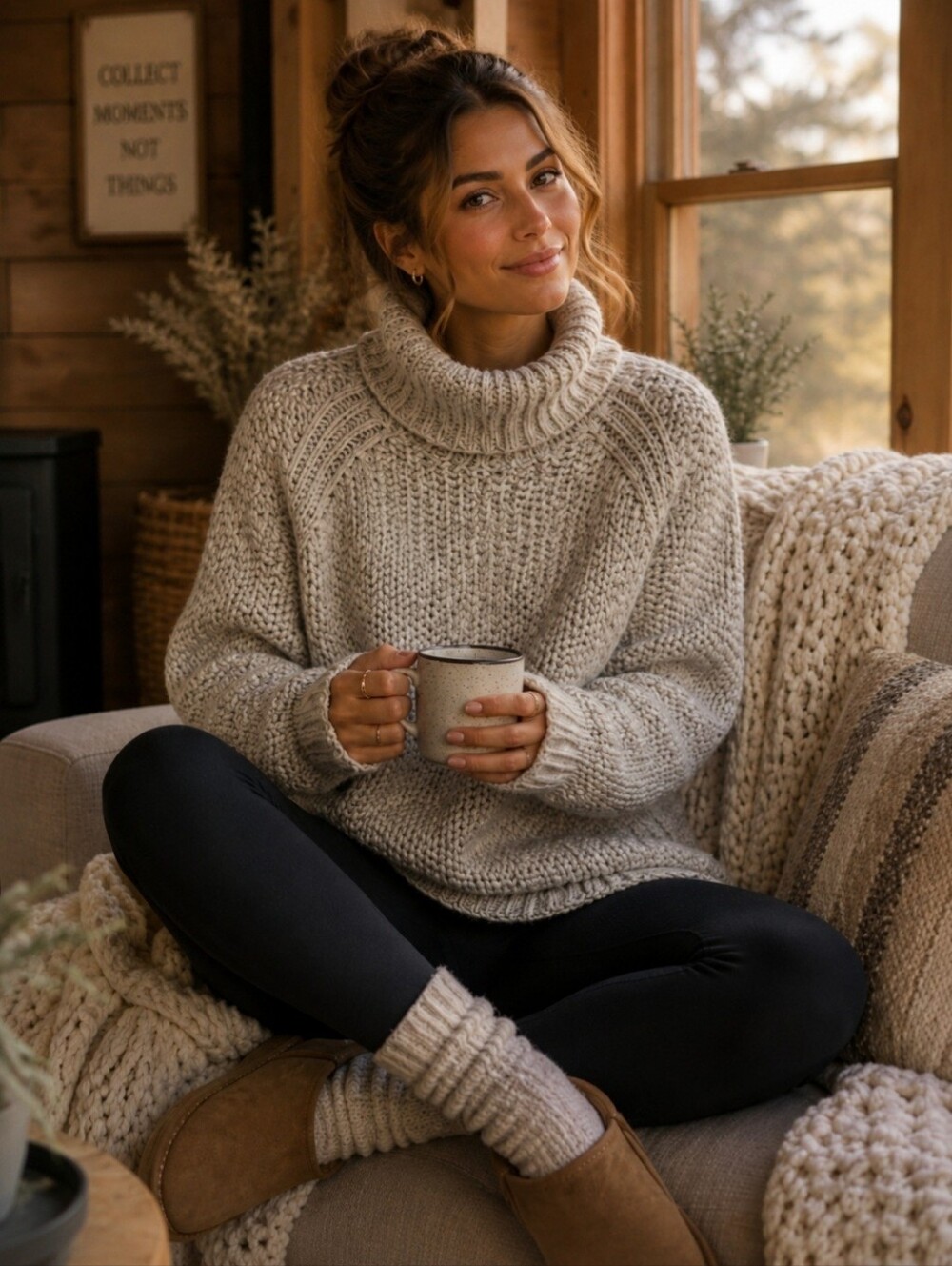 Prana Chunky Knit Turtleneck Sweater | Neutral Cozy Textured Pullover - Picture 2 of 7